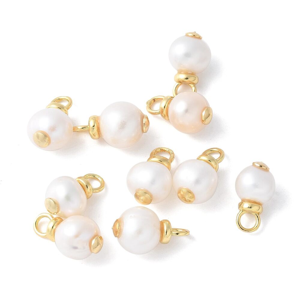 6558 10 pcs White Round Theme Brass Natural Pearl Charms Large Hole Elegant